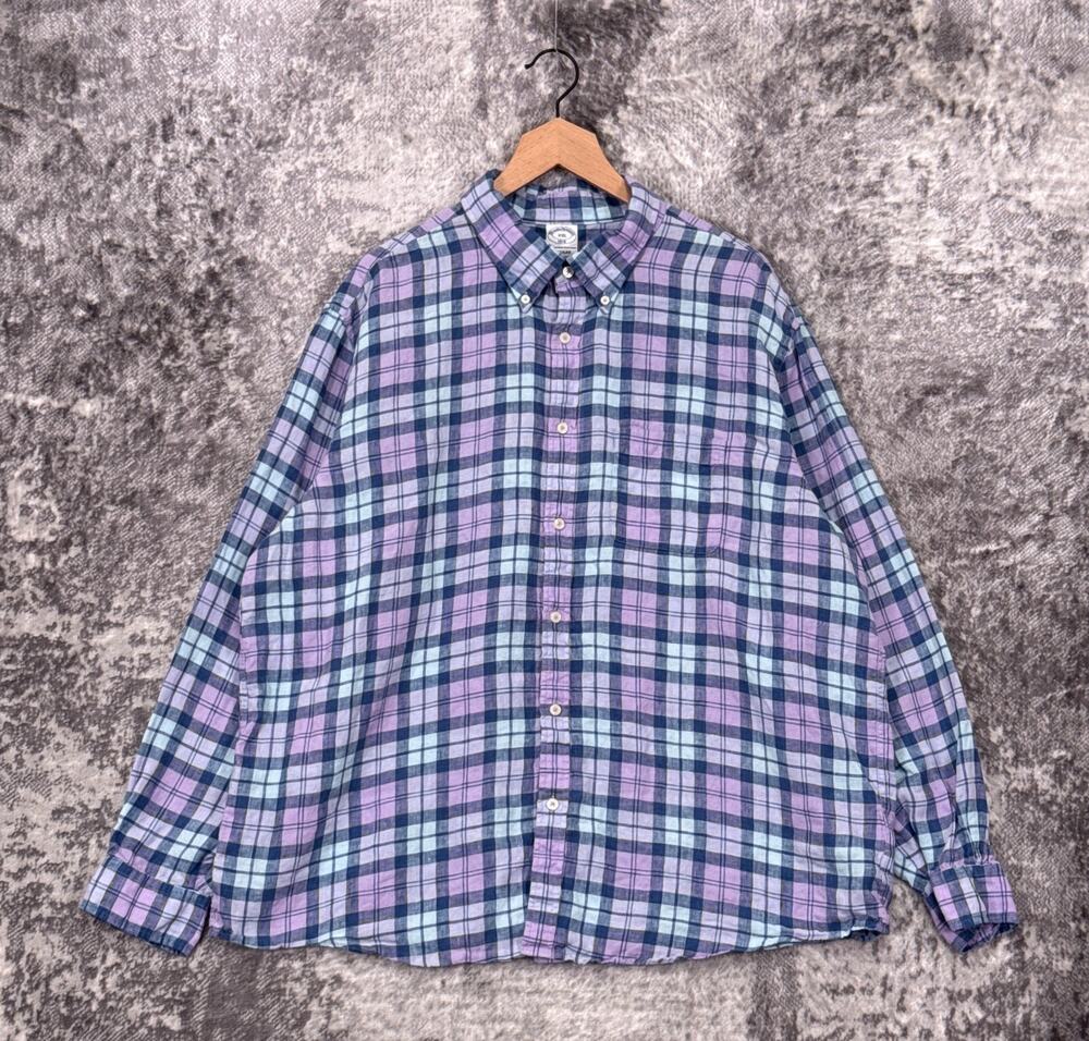 Brooks Brothers Linen Shirt XXL Mens Regular Fit Blue Check Plaid Long Sleeve